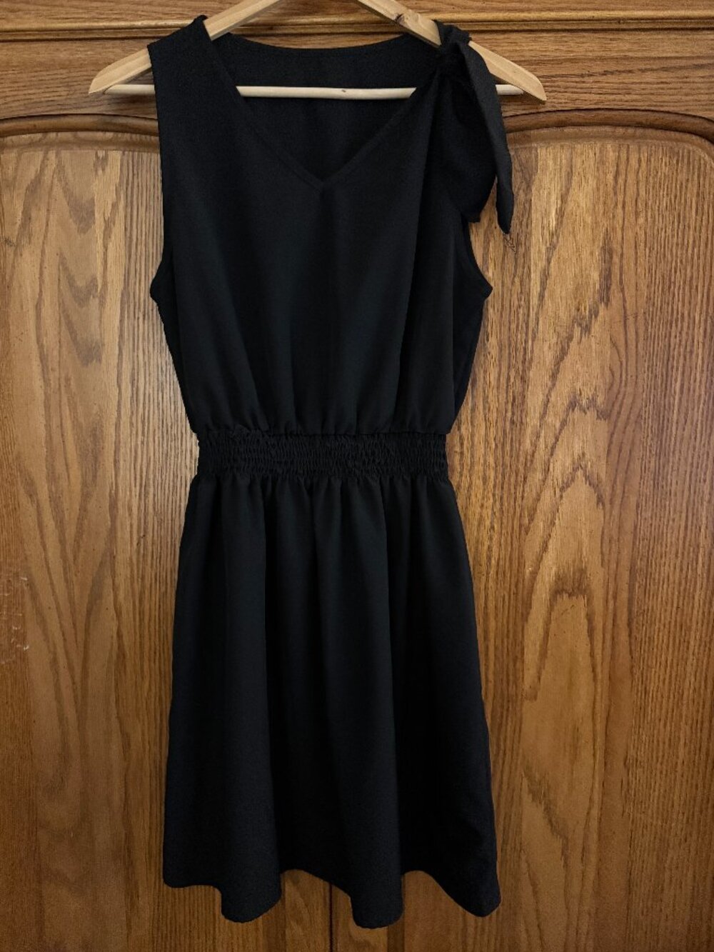 Smocked Waist Black Mini Dress with Shoulder Tie